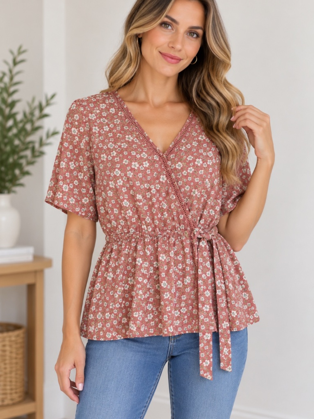 Sienna Sky Women’s Pink Floral Wrap Short Sleeve Top, size Large